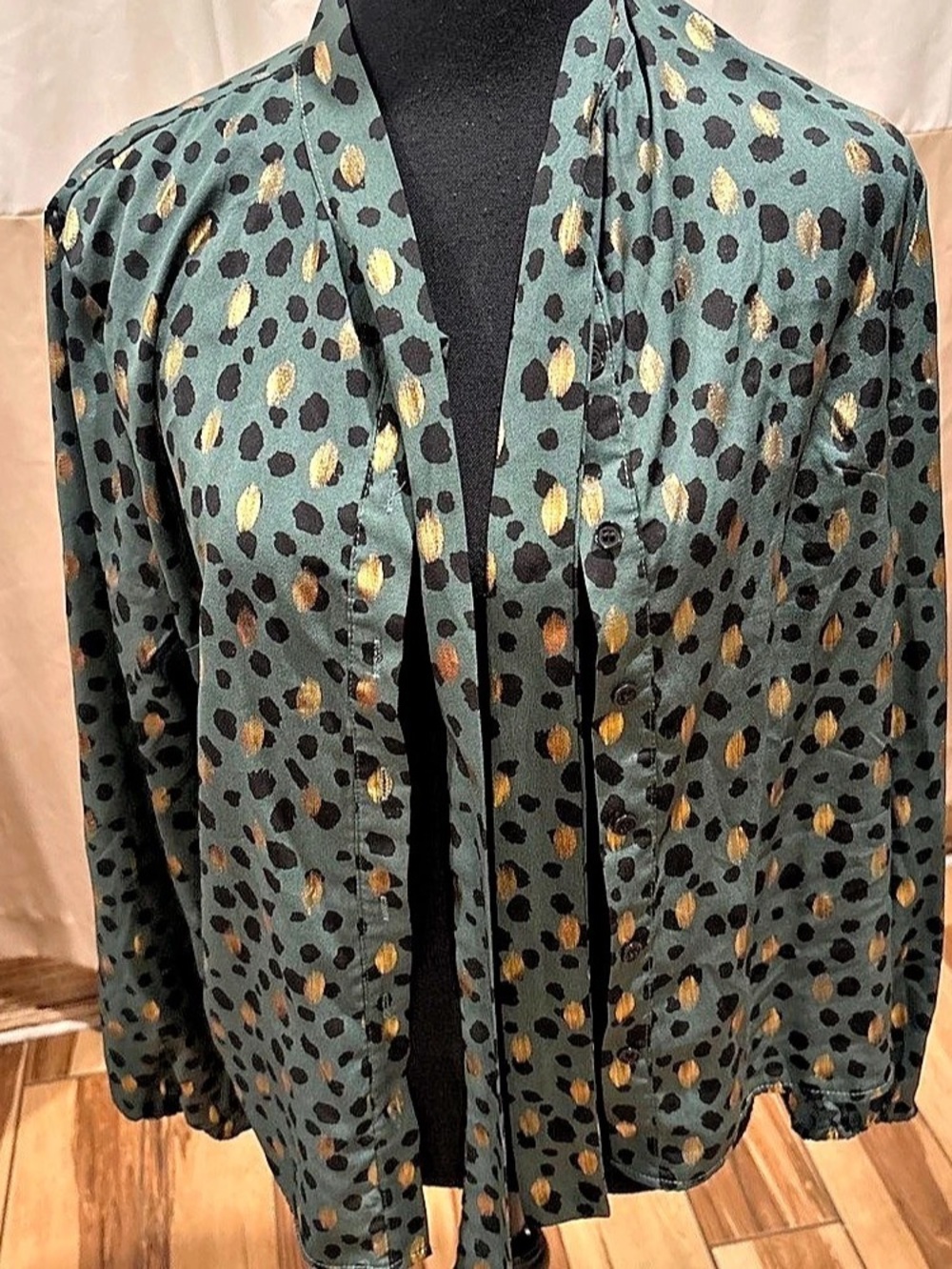 Animal Print Blouse in Green & Gold Like New